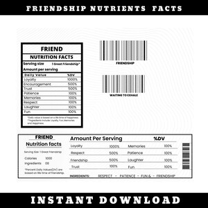 May include: A graphic design in black and white, featuring the text "FRIENDSHIP NUTRIENTS FACTS". The image includes a nutrition facts label for "FRIEND" with values for loyalty, encouragement, trust, patience, memories, respect, laughter, and fun.