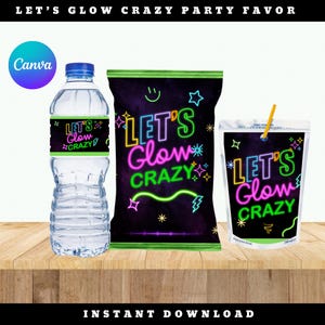 Plantilla editable de Canva para recuerdos de fiesta neón. Etiquetas imprimibles para dulces de fiesta neón. Descarga instantánea.