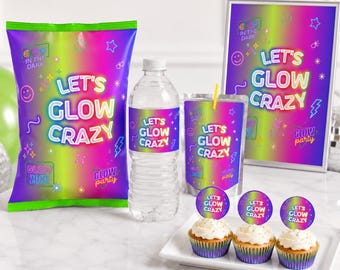 Szablon na szalone przyjęcie Let's Glow, do druku, etykiety na smakołyki z neonowymi napisami, do natychmiastowego pobrania