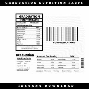 May include: A black and white graphic with the text "Graduation Nutrition Facts" and a bar code with the text "Congratulations". The graphic lists various skills and qualities needed for graduation, such as hard work, dedication, knowledge, caffeine, diploma, bright future, goals, and passion, all with a 100% daily value.