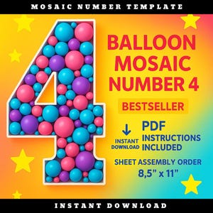 Mosaic Number 4 | 1ft - 6ft | Balloon Template Frame | FREE Guide-INSTANT DOWNLOAD!