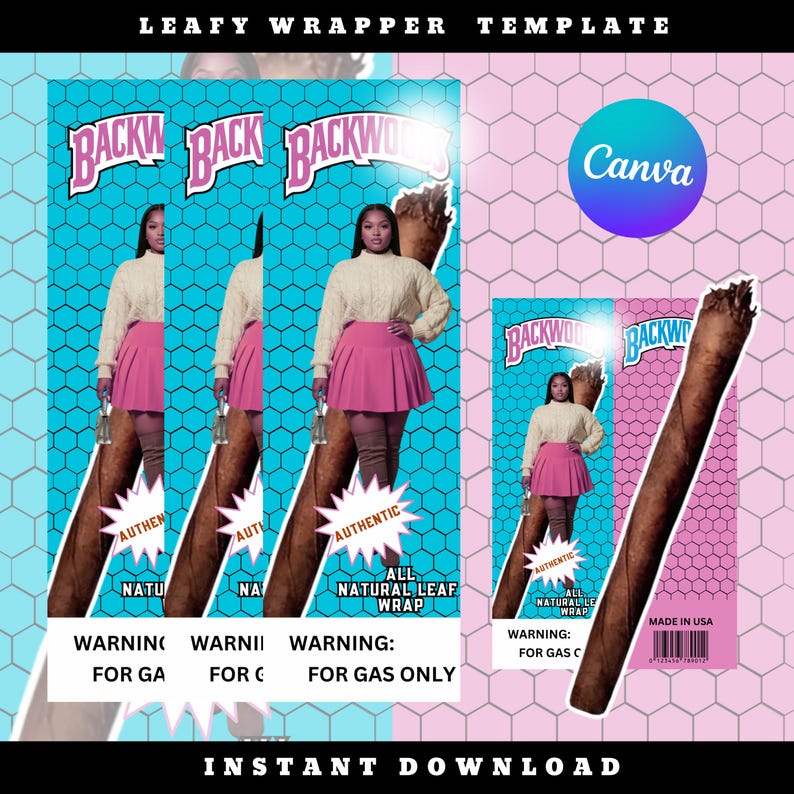 May include: Leafy wrapper template featuring the text "BACKWOODS" in pink and white. The design includes a woman in a pink skirt and a brown cigar. The text "AUTHENTIC" and "ALL NATURAL LEAF WRAP" are also present.