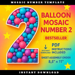 Mosaic Number 2 | 1ft - 6ft | Balloon Template Frame | FREE Guide-INSTANT DOWNLOAD!