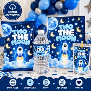 May include: A party supply set featuring a chip bag, water bottle label, and juice pouch label, all with a dark blue space theme. Each item displays a rocket ship, a full moon, stars, and the text TWO THE MOON in light blue bubble letters.