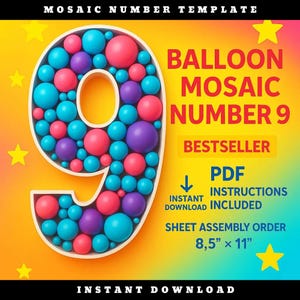 Mosaic Number 9 | 1ft - 6ft | Balloon Template Frame | FREE Guide-INSTANT DOWNLOAD!