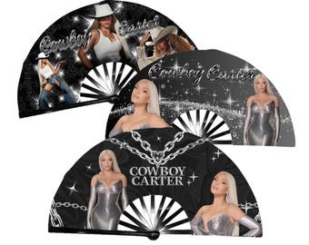 Plantilla de abanico Cowboy Carter Black Sparkle Clack: Diseño de vaquera glamurosa (PNG, descarga instantánea)