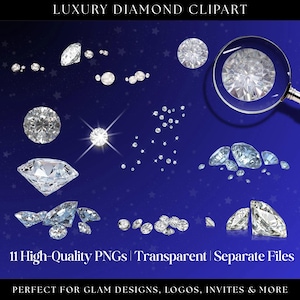 Diamond PNG Bundle, High-Quality Transparent Clipart, 11 Separate Diamond PNGs, Digital Download | Instant Download