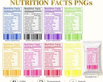 Könnte beinhalten: Eine Sammlung von acht digitalen Geburtstag-Nährwerttabellen in verschiedenen Farben, jeweils mit einem Barcode und dem Text HAPPY BIRTHDAY. Die Etiketten listen Zutaten wie Cake & Ice Cream, Laughter und Hugs & Kisses auf. Ein Etikett ist auf einer weißen Tüte abgebildet.