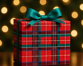 Può includere: Un pacco regalo avvolto con un motivo a quadri rossi e un fiocco verde acqua. La scatola è avvolta con un nastro verde acqua e si trova su una superficie di legno. Lo sfondo presenta luci sfocate dai toni caldi.