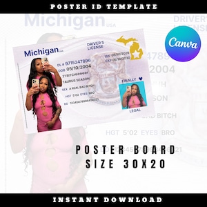 Puede incluir: Una plantilla de póster con un diseño de licencia de conducir de Michigan. El póster incluye el texto "POSTER ID TEMPLATE", "POSTER BOARD TAMAÑO 76 x 51 cm" y "DESCARGA INSTANTÁNEA". El diseño incorpora una foto de una persona.