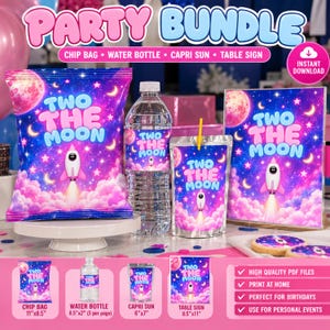 May include: A party bundle featuring a chip bag, water bottle, juice pouch, and table sign, all decorated with a space theme, pink clouds, stars, a moon, and a rocket ship, with the text Two The Moon printed on each item.