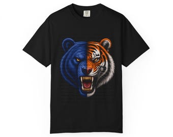 Bear and Tiger Split Face Illustration T-Shirt
