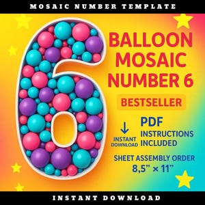 Mosaic Number 6 | 1ft - 6ft | Balloon Template Frame | FREE Guide-INSTANT DOWNLOAD!