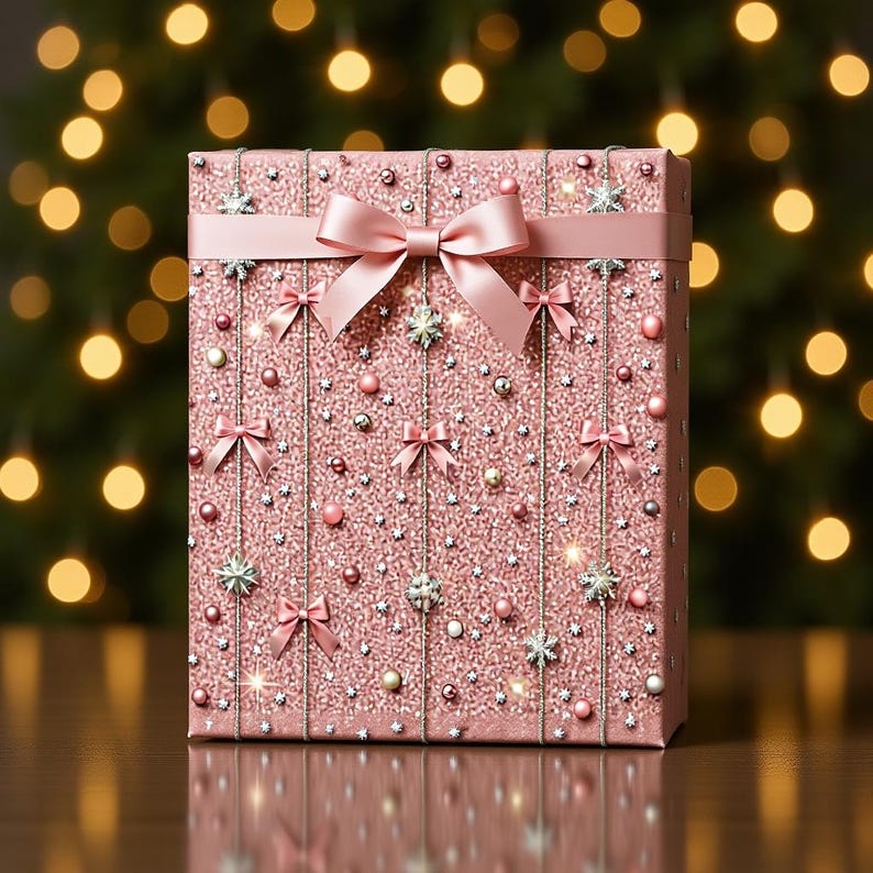 Carta da regalo natalizia con glitter rosa, elegante carta da regalo festiva immagine 1