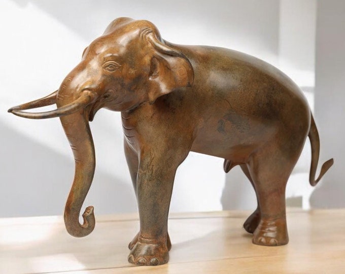 Handmade Bronze Elephant Statue from Thailand – Large 17" Decorative Sculpture for Home Décor, Elephant Figurine with Intricate Details