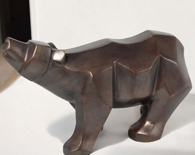 Handmade Bronze Bear Sculpture Decor, Thai Bronze Animal Figurine, 3D Geometric Bear Art, Rustic Home Decor, Modern Minimalist Statue