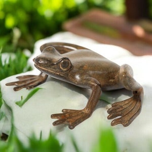 Handmade Bronze Frog Figurine | Thai Metal Art Decor | 5x7 Inch Rustic Animal Statue | Heavy Desk Paperweight | Home Garden Decoration