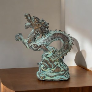 Handmade Bronze Dragon Sculpture - Thai Bronze Art Decor - Vintage Style Eastern Mythical Statue - Feng Shui Dragon Figurine for Home Decor