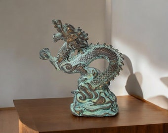 Handmade Bronze Dragon Sculpture - Thai Bronze Art Decor - Vintage Style Eastern Mythical Statue - Feng Shui Dragon Figurine for Home Decor