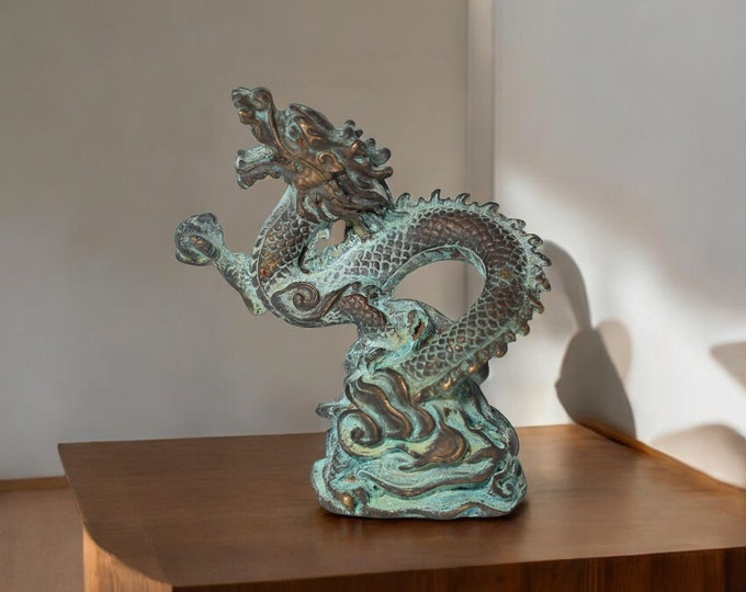 Handmade Bronze Dragon Sculpture - Thai Bronze Art Decor - Vintage Style Eastern Mythical Statue - Feng Shui Dragon Figurine for Home Decor
