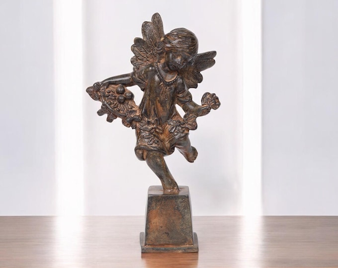 Handmade Bronze Angel Figurine - Thai Decorative Sculpture with Floral Details - Collectible Art Statue - Unique 8.5" Tall Home Decor