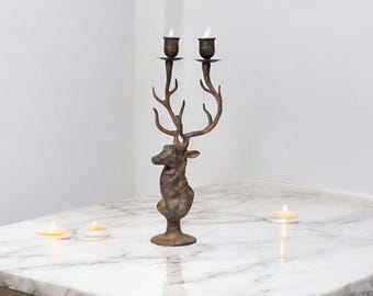 Handmade Bronze Stag Candle Holder - Rustic Deer Antler Design Dual Candle Stand - Elegant Home Decor Accent Made in Thailand