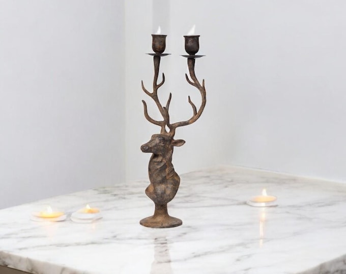 Handmade Bronze Stag Candle Holder - Rustic Deer Antler Design Dual Candle Stand - Elegant Home Decor Accent Made in Thailand