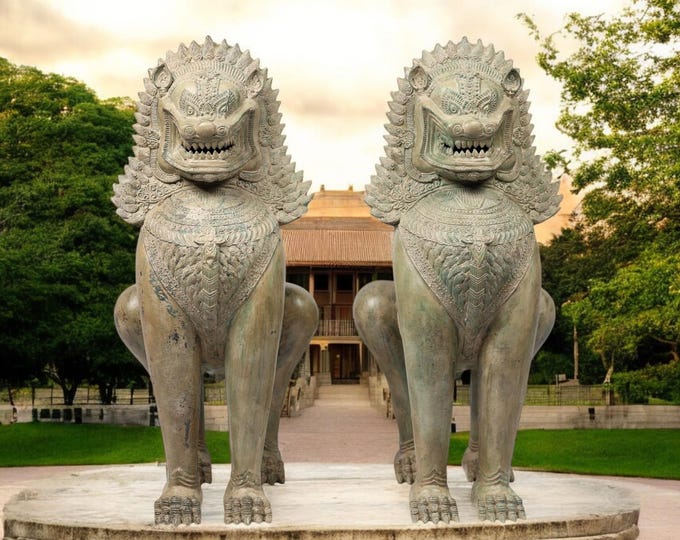 Handmade Bronze Thai Singha Lion Statues - Guardian Temple Sculptures Pair - Large Outdoor Decorative Art 24 Inches - Thai Singha Decor