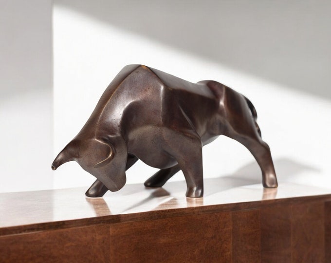 Handmade Bronze Bull Sculpture, Modern Abstract Bull Statue, Minimalist Bull Figurine, Bullish Desk Decor, Office Decoration