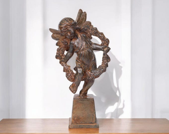 Handmade Bronze Angel Sculpture | Thai Artisan Decorative Figurine | Bronze Cherub with Wreath | Vintage Style Home Décor | Gift Idea