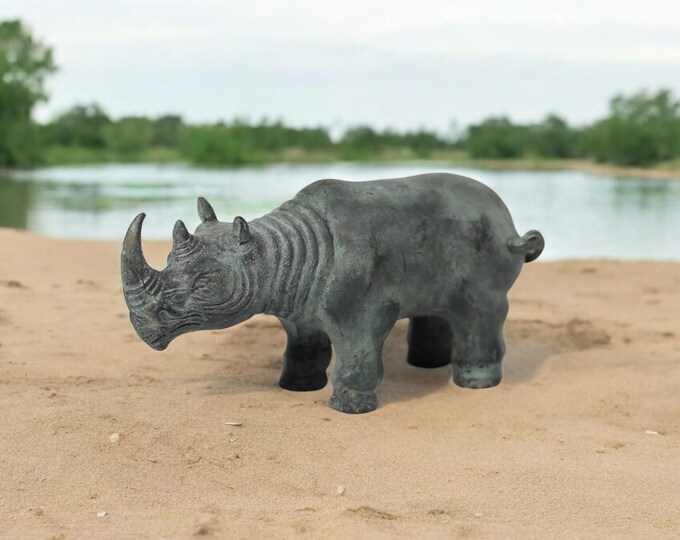 Handmade Bronze Rhino Figurine, Animal Sculpture from Thailand, Wildlife Decor, Rustic Bronze Decor, Rhino Statue, Collectible Rhino Gift