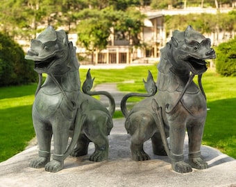 Handmade Bronze Burmese Singha Statues - Traditional Guardian Lion Pair for Home, Garden, or Spiritual Decor - 18x7x19 Inches