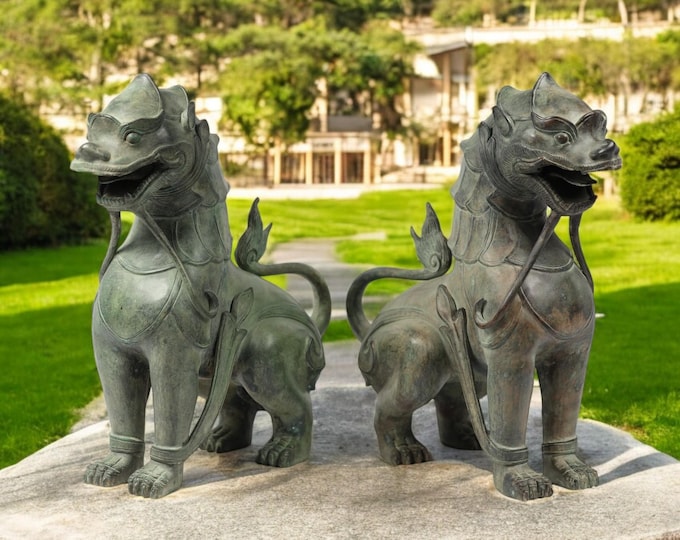 Handmade Bronze Burmese Singha Statues - Traditional Guardian Lion Pair for Home, Garden, or Spiritual Decor - 18x7x19 Inches