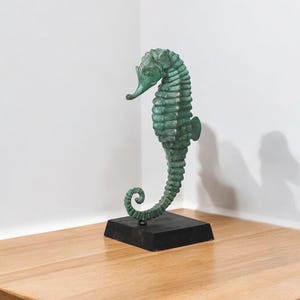 Handmade Bronze Seahorse Statue with Wooden Base, Coastal Decor, Sea Life Sculpture, Unique Ocean Theme Art, Nautical Home Decor Gift