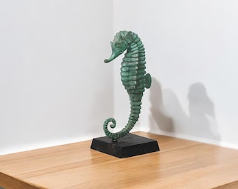 Handmade Bronze Seahorse Statue, Wooden Base, Coastal Decor