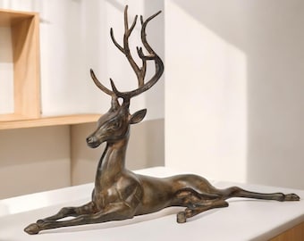 Exquisite Bronze Deer Sculpture Handmade – Large Decorative Stag Figurine with Intricate Antlers,  Rustic Animal Decor for Home or Office