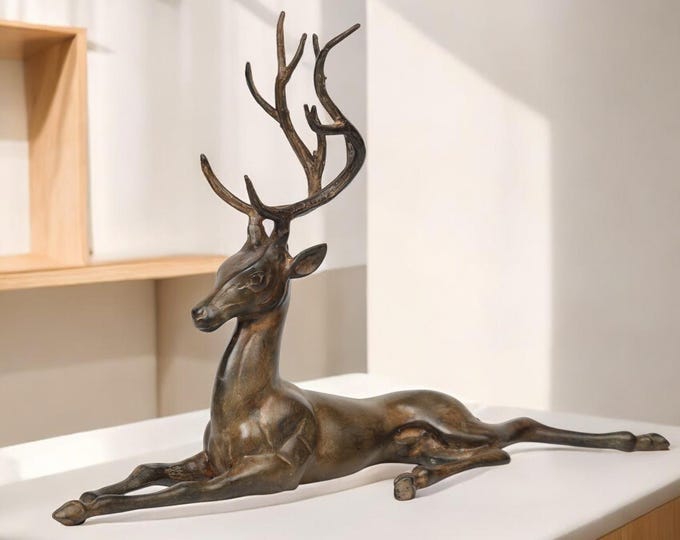 Exquisite Bronze Deer Sculpture Handmade – Large Decorative Stag Figurine with Intricate Antlers,  Rustic Animal Decor for Home or Office