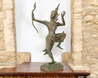 Handmade Thai Bronze Statue of Rama Shooting His Arrow - พระราม แผลงศร - Traditional Thai Art Sculpture, 13.5" Tall Cultural Decor