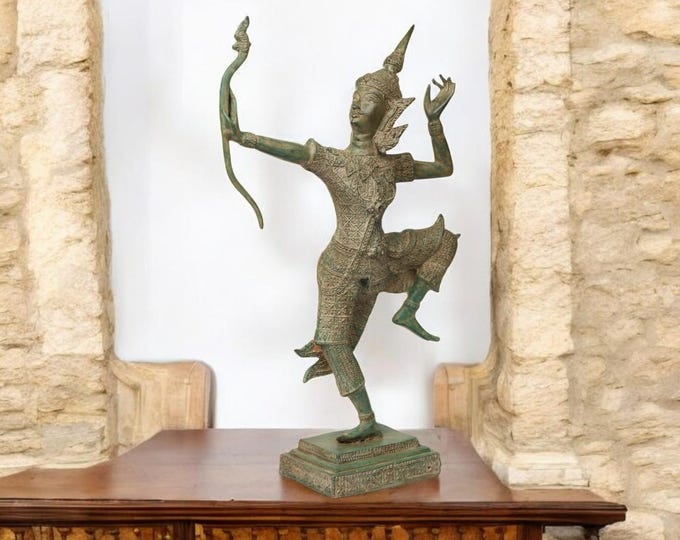 Handmade Thai Bronze Statue of Rama Shooting His Arrow - พระราม แผลงศร - Traditional Thai Art Sculpture, 13.5" Tall Cultural Decor