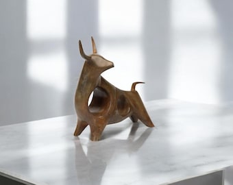 Handmade Bronze Bull Sculpture, Unique Home Decor, 9-Inch Bull Statue, Rustic Animal Figurine, Modern Art Accent, Minimalist Bronze Bull