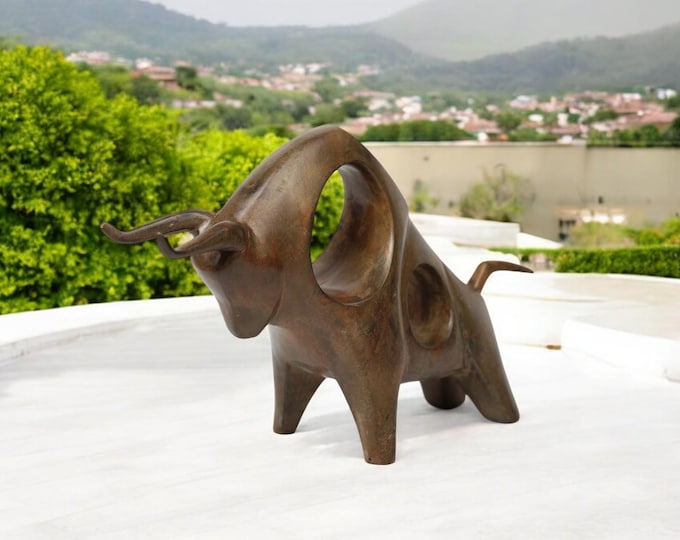 Handmade Bronze Bull Sculpture - Unique Modern Art Bull Figurine, Mid-Century Inspired Animal Statue, Rustic Home Accent