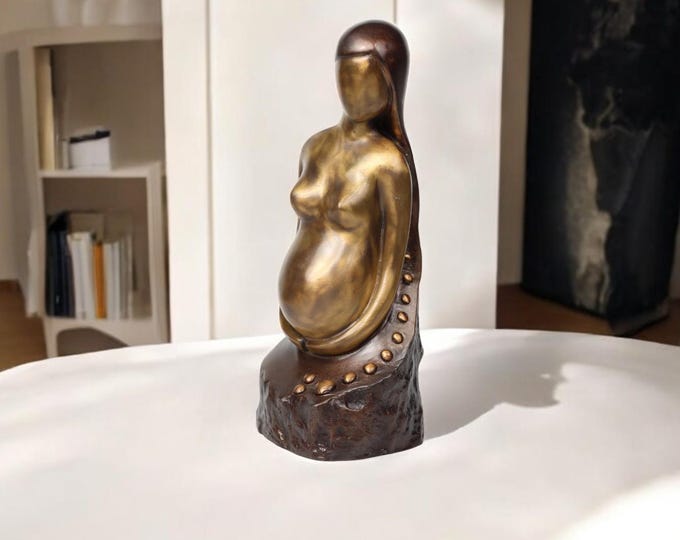 Handmade Bronze Pregnancy Sculpture - Unique Thai Art Decor of Motherhood and Fertility, 11" Tall Bronze Statue, Minimalist Goddess Statue