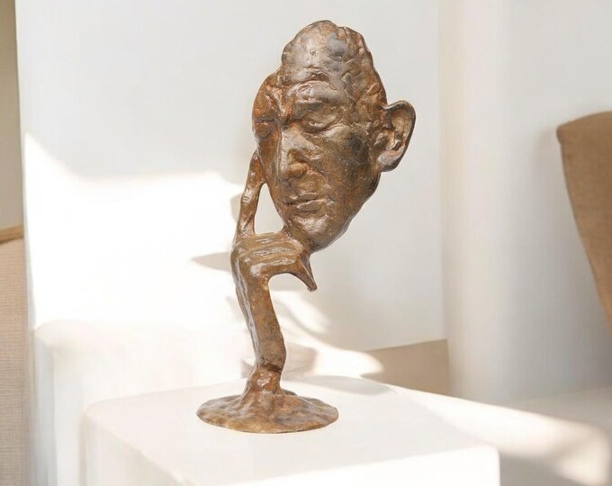 Handmade Bronze Face Sculpture, Abstract Thinking Man Statue, Thai Modern Art Home Decor, Unique Desk Accent, 12.5" Tall Bronze Figure Decor