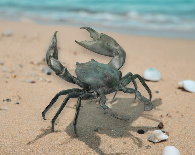 Handmade Bronze Orange Mud Crab Sculpture, Thai Art Décor, Coastal Animal Bronze Statue, 12 Inch Bronze Crab Figurine, Nautical Beach Decor