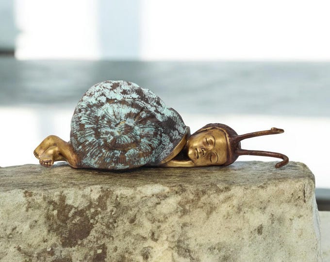 Handmade Bronze Snail Sculpture with Human Face, Unique Thai Artwork, Nature-Inspired Bronze Statue, Collectible Home Decor