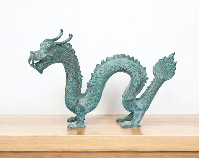 Handmade Thai Bronze Dragon Statue – Feng Shui Home Decor – Antique Green Patina Dragon Sculpture – Eastern Mythical Art Figurine