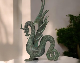 Handcrafted Bronze Dragon Sculpture – Majestic Dragon Statue with Detailed Scales and Spiked Wings, Perfect for Home Decor, or Collectibles