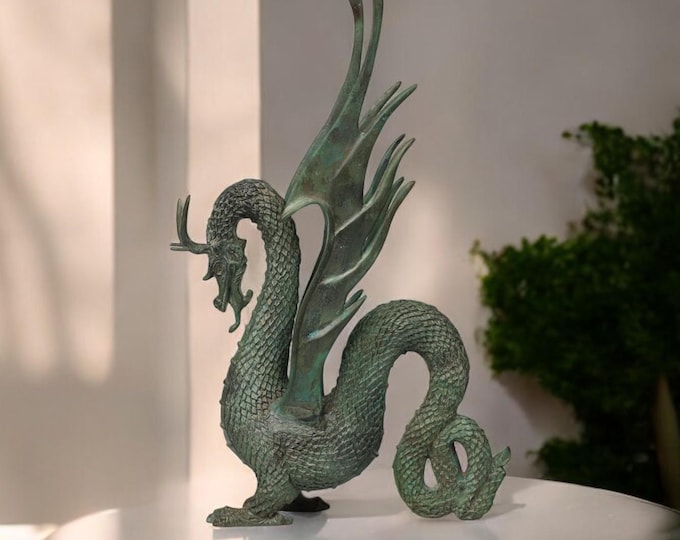 Handcrafted Bronze Dragon Sculpture – Majestic Dragon Statue with Detailed Scales and Spiked Wings, Perfect for Home Decor, or Collectibles