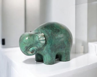Handmade Bronze Elephant Sculpture – Green Patina Thai Figurine