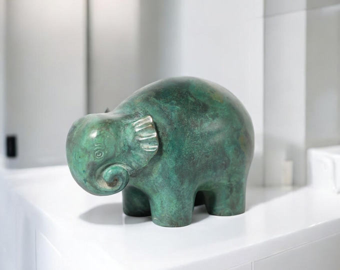 Handmade Bronze Elephant Sculpture from Thailand – Green Patina, Elephant Figurine, Home Decor, Lucky Charm, Collectible Animal Statue